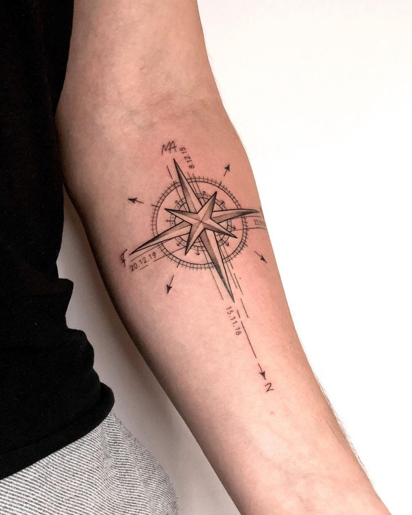 腕に星と羅針盤のタトゥー