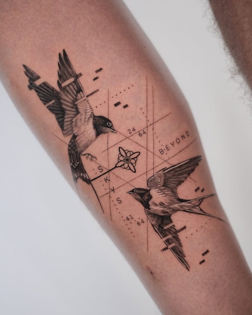 2羽の燕(ツバメ)のジオメトリックタトゥー