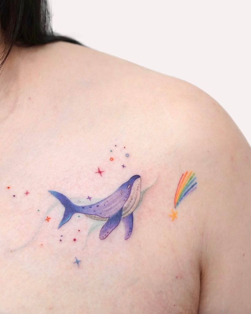 かわいい鯨(クジラ)と虹と星のタトゥー