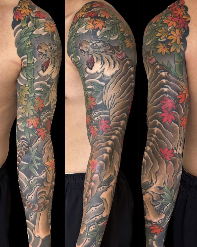 虎(トラ)と竹、紅葉の刺青